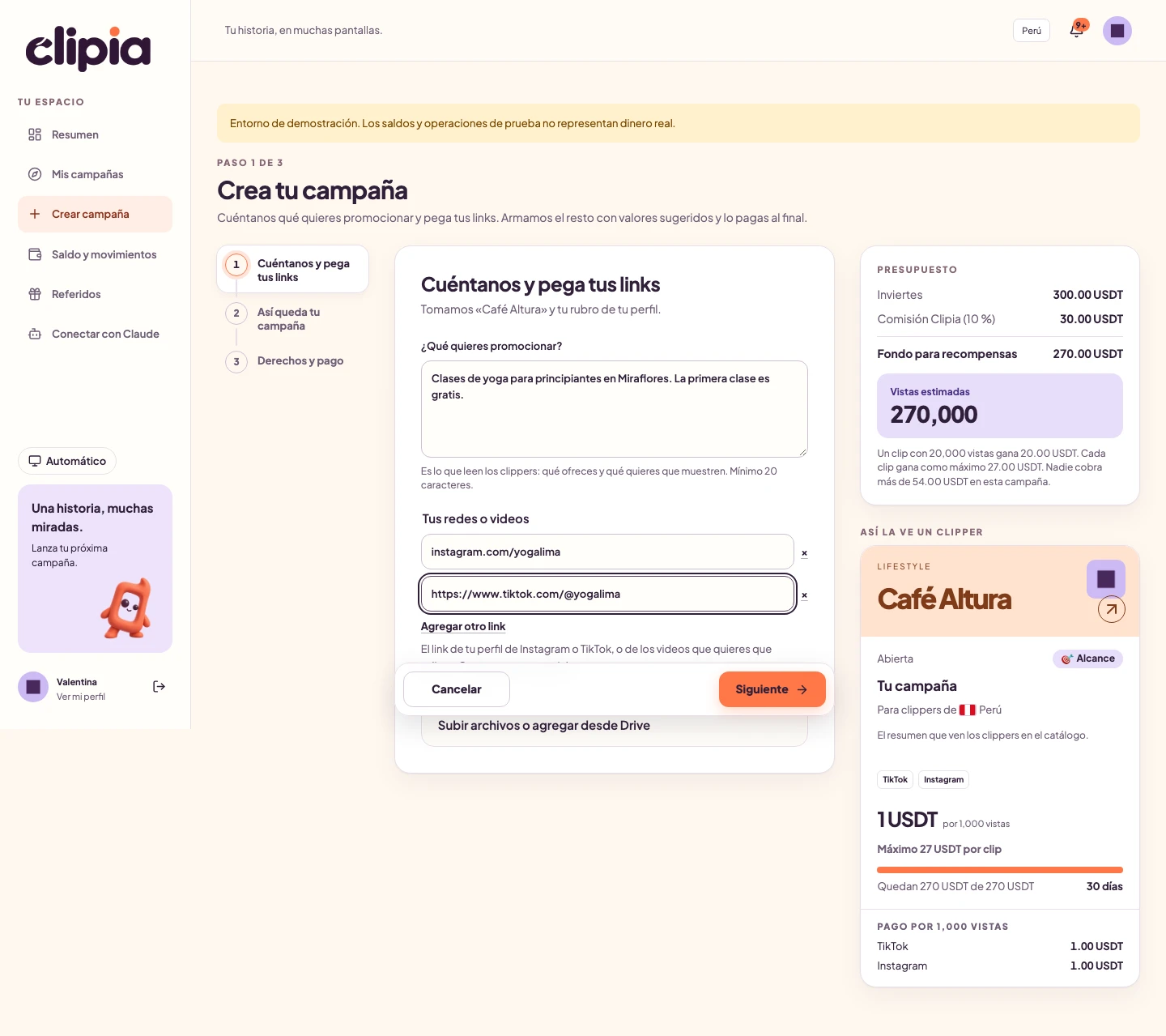 Primer paso de Clipia: descripción de la campaña y enlaces de material en un entorno de demostración