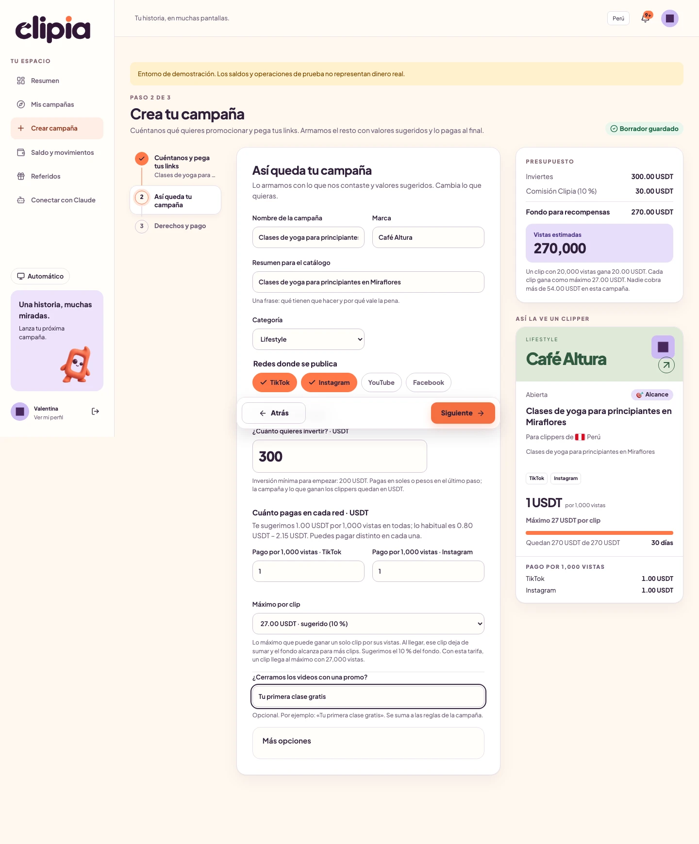 Segundo paso del formulario de Clipia con datos precargados y opciones editables de una campaña de demostración