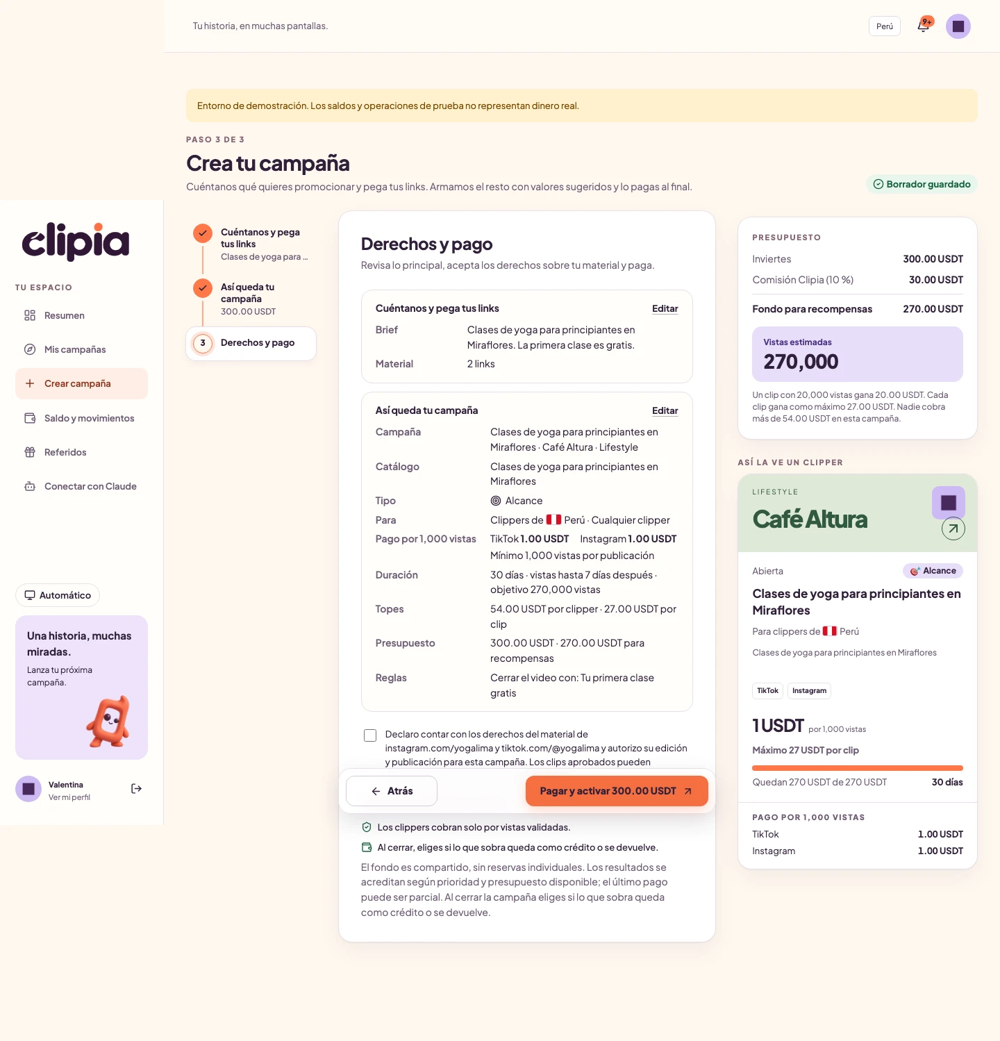 Tercer paso de Clipia: revisión de campaña, material, derechos y pago en un entorno de demostración