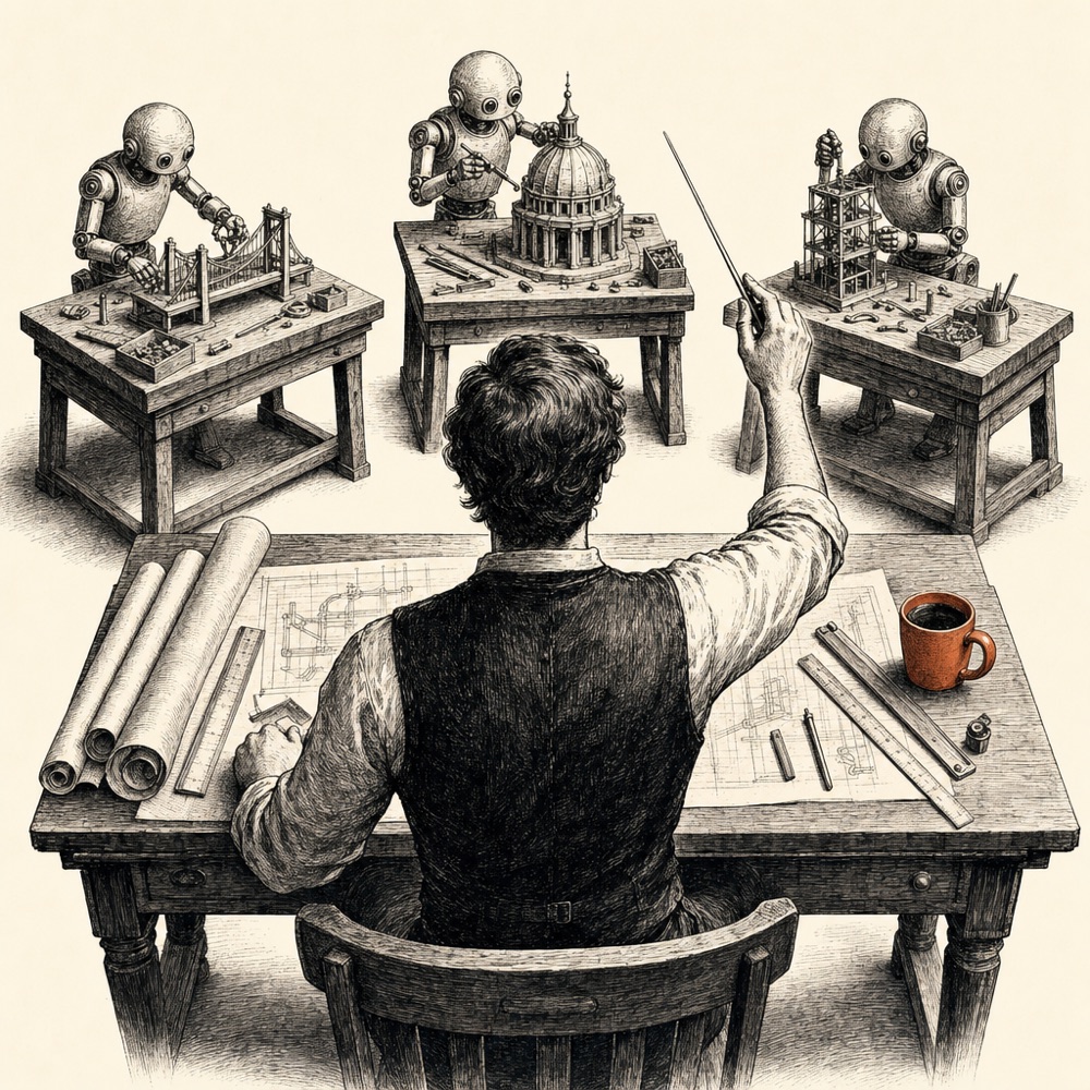 Ilustración en tinta: un artesano dirige tres bancos de trabajo en paralelo, cada uno con su pequeño asistente mecánico