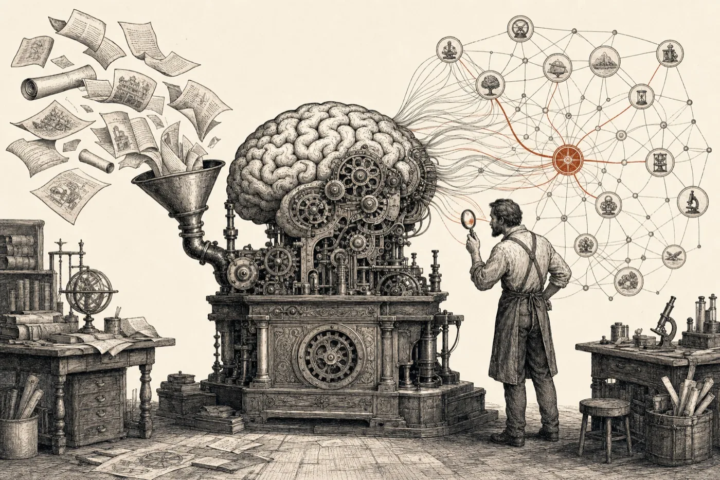 Ilustración en tinta: documentos dispersos entran a una máquina-cerebro que los conecta con hilos en una red de nodos