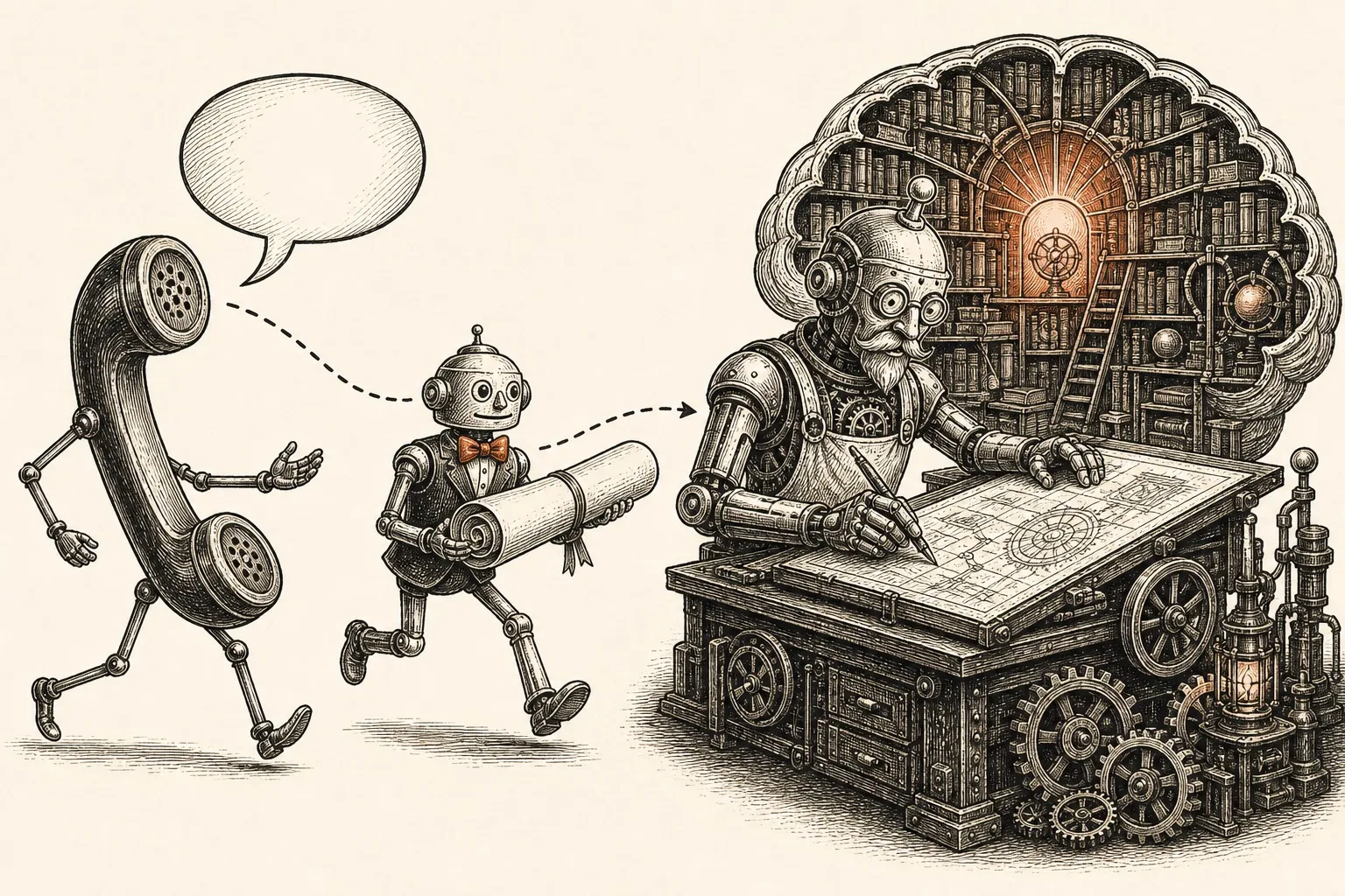 Ilustración en tinta: un teléfono vintage le pasa un mensaje a un robot mayordomo que corre con un pergamino hacia un autómata artesano conectado a una biblioteca con forma de cerebro