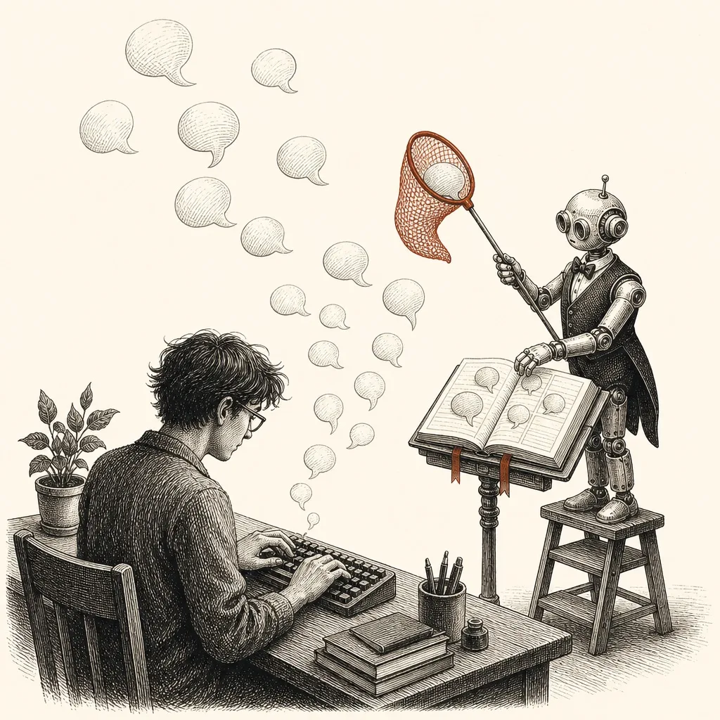 Ilustración en tinta: burbujas de chat se escapan de un escritorio como globos y un pequeño robot las atrapa con una red y las anota en un libro